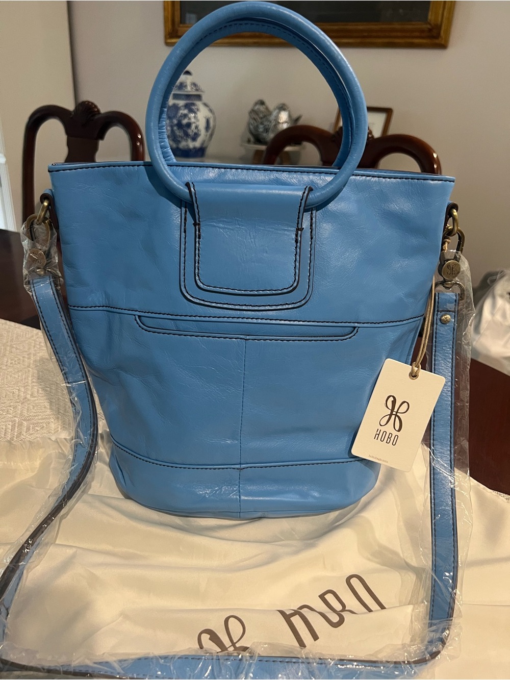 HOBO Sky Blue Leather Bucket Tote with Round Handles